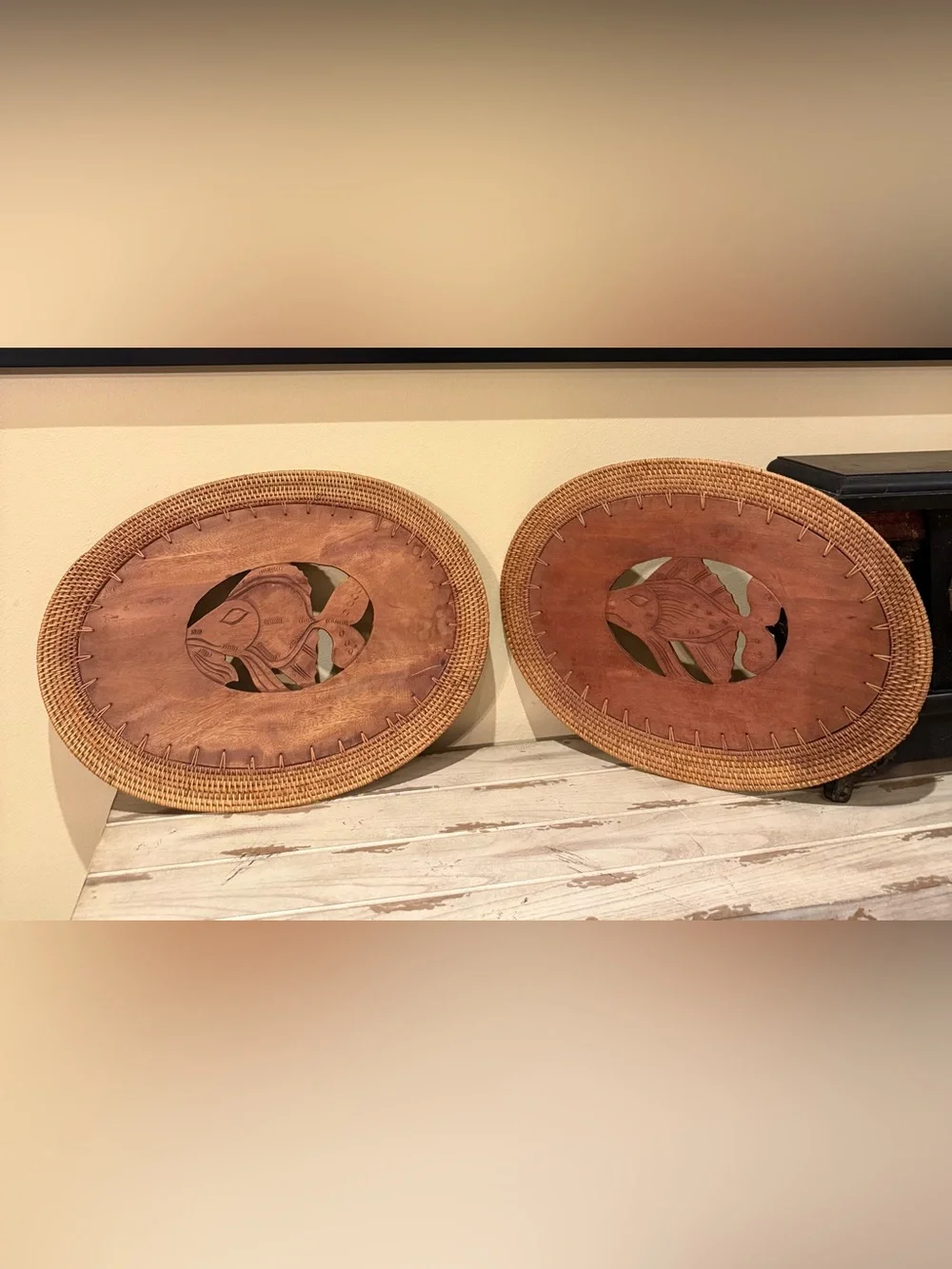Vintage Hand Carved Wood & Woven Rattan Placemats Set of 4 Tropical Fish Bird